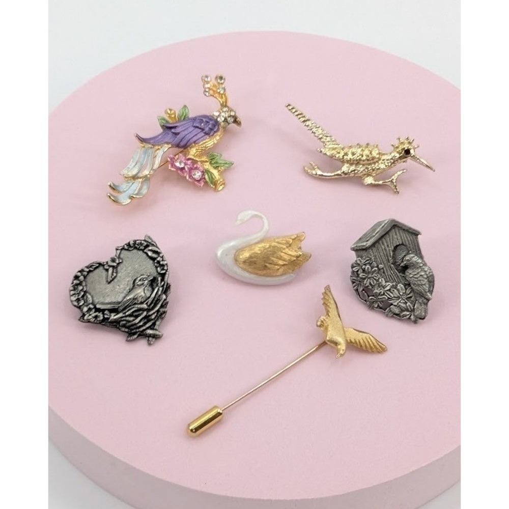 VTG Bird Brooch Lot 6pc Peacock Swan Roadrunner‎ Figural Gold Tone and Pewter